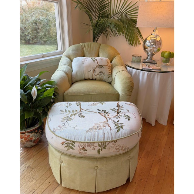 Custom Tufted Lounge and Ottoman Set Upholstered in Embroidered Floral Colefax & Fowler Let’s be honest—most “accent...