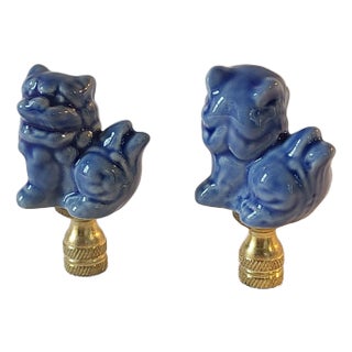 Pair of Blue Ceramic Foo Dog Lamp Finials For Sale
