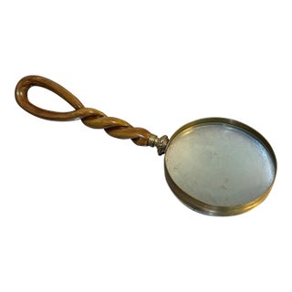 Brass / Twisted Wood-Handle Large Magnifying Glass For Sale