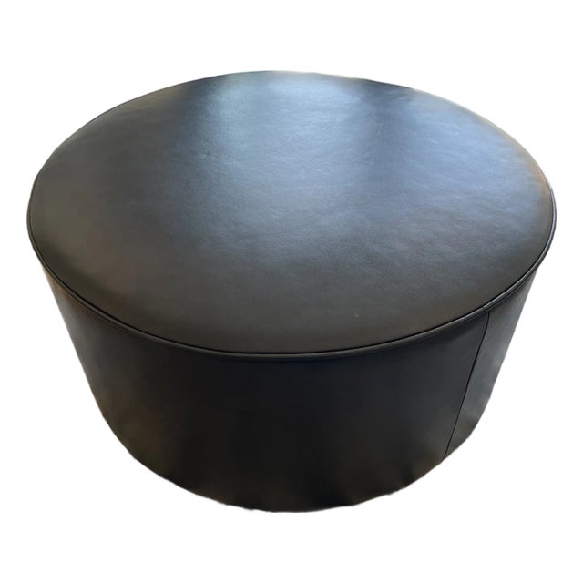 Navy Blue West Elm Leather Ottoman For Sale