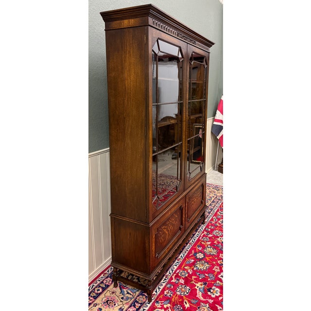 Antique English Jacobean Bookcase Cabinet Double Door Wavy Glass Tiger Oak 1930s For Sale - Image 9 of 18