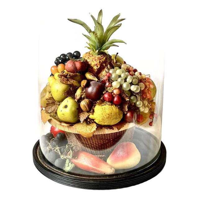 LARGE Antique Victorian Mantel Clock Glass Dome WAX FLOWER BASKET Rare Folk Art For Sale