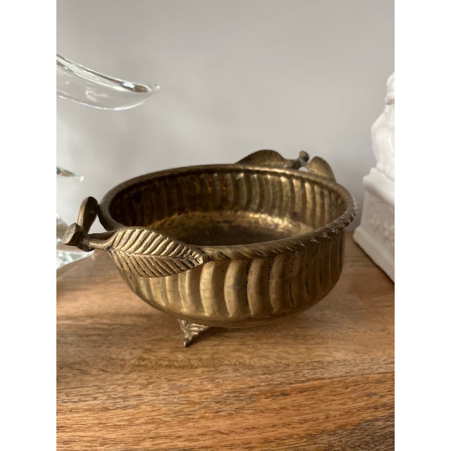 Boho Chic 1970s Vintage Brass Bowl or Cachepot With Botanical Handles For Sale - Image 3 of 9