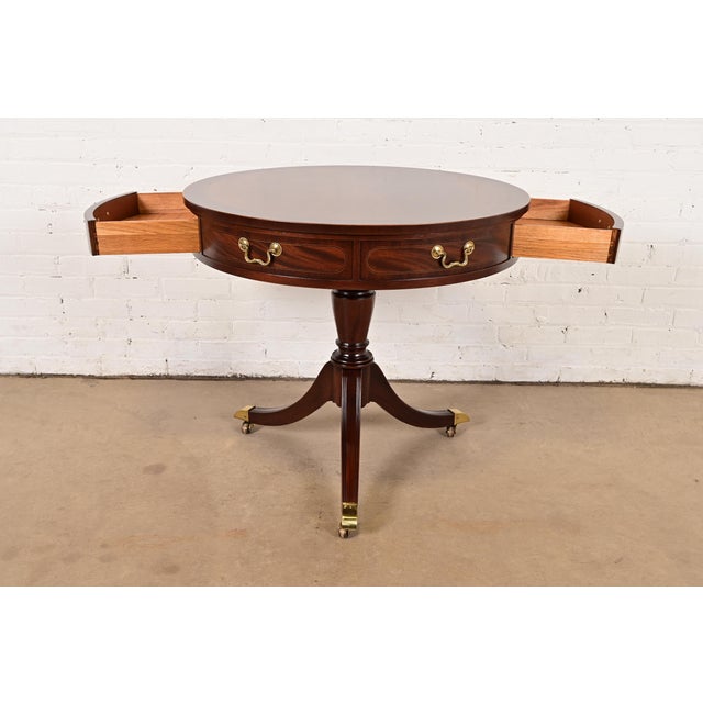 Wood Baker Furniture Georgian Flame Mahogany Pedestal Drum Side Table or Tea Table, Newly Refinished For Sale - Image 7 of 14