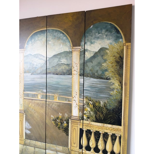 Vintage Hand-Painted Four-Panel Folding Screen – Architectural Landscape Room Divider For Sale In Miami - Image 6 of 12
