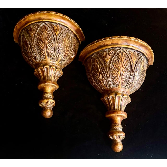 Mid-Century Modern Mid 20th Century Ornate Gold Demilune Wall Sconces For Sale - Image 3 of 12