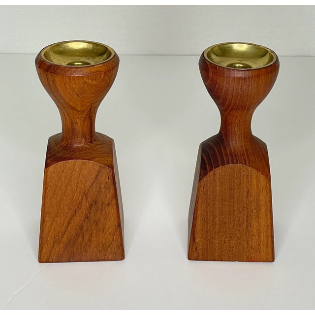 Wood Vintage Dansk Design Quistgaard Teak & Brass Candle Holders- a Pair For Sale - Image 7 of 7