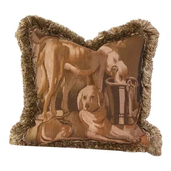 Vintage Wool Tapestry Pillow Featuring Dogs at Rest With Fringe For Sale - Image 12 of 13