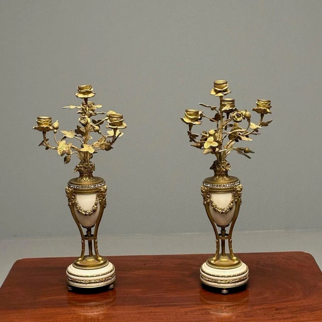 Pair of Louis XVI Style Bronze and Marble Four-Light Candelabra, Jeweled For Sale In New York - Image 6 of 12