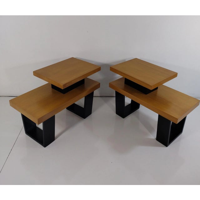 Authentic 50's pair of end tables They've been refinished to it's original Blond primavera wood and satin black legs...