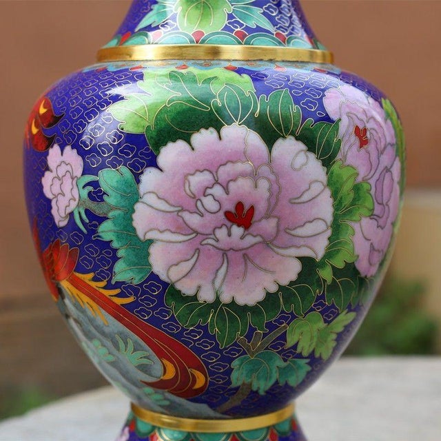 Pair of Large Vintage Cloisonné Enamel Vases – Sapphire Blue Ground, Phoenix & Peony Motif For Sale - Image 12 of 12