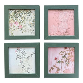 Contemporary Carolyn Misterek Mini Abstract Expressionist Repro Print Roses in Webster Green Frames, Set of 4 For Sale
