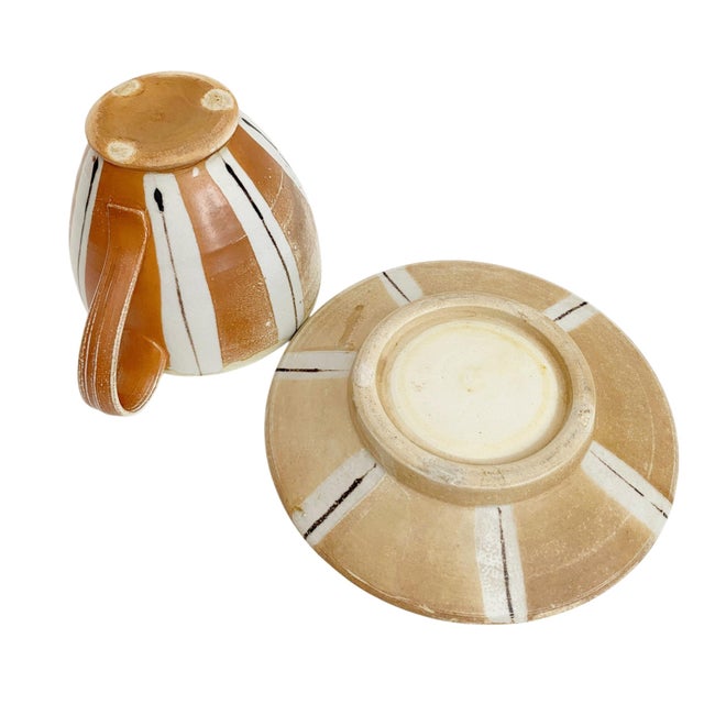 1990s Ceramic Coffee Cup and Saucer Set, Wabi Sabi Studio Pottery Mug, Earthy Striped Tea Cup, Unique Artisan Stoneware Gift for Coffee Lover For Sale In New York - Image 6 of 6