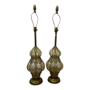 Pair of Marbro Venetian Table Lamps With Handblown Bubble Glass and Wired Cage Inserts