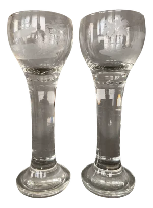 18th Century Wine Glasses with Acid Etched Scenes, Set of 2