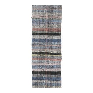 Vintage Turkish Hand-Knotted Wool Cotton Blue Kilim Runner Rug For Sale