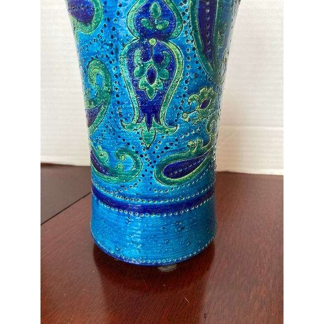 Midcentury Aldo Londi for Bitossi vase in the color Rimini Blue with a paisley design based on Persian and Indian fabrics....