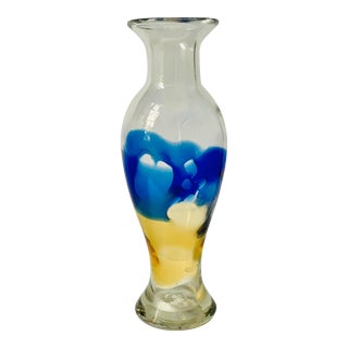 Blenko Art Glass Hand Blown Extra Large 'Water Color' Vase in Crystal With Abstract Persian Blue & Cased Topaz Design, 2008 For Sale