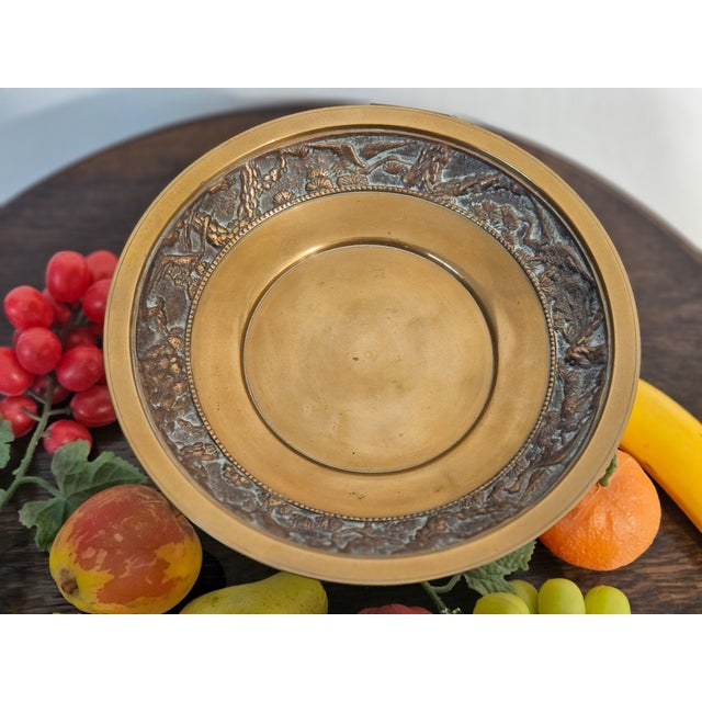 Vintage 1960s Korean Brass Compote Serving Bowl W Cranes in Relief & Decorative Fruit For Sale - Image 4 of 7