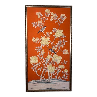 Framed Hand-Painted Panel With Long-Tailed Birds & Peonies on Orange Silk For Sale