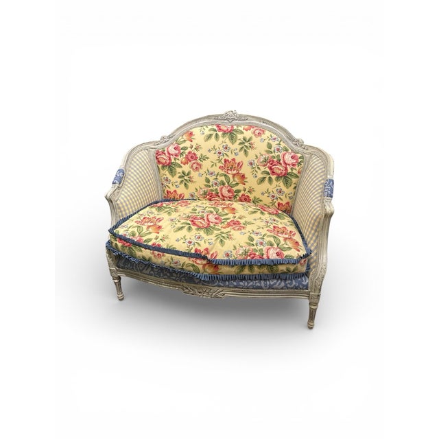 Canary Yellow Custom Upholstered Hickory French Provincial Settee For Sale - Image 8 of 11