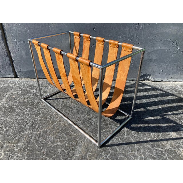 1970s Cognac Saddle Leather & Chrome Magazine Rack For Sale - Image 12 of 13