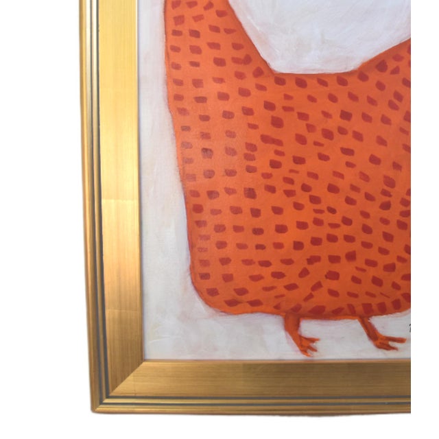 Abstract Folk Art Orange Chicken Hen Rooster Painting Ruth Arenz Including the Antiqued Gold Wood Frame For Sale - Image 3 of 5