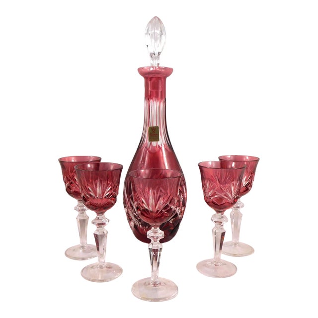 1960s Pink Nachtmann Nierstein Cut to Clear Decanter With Glasses For Sale