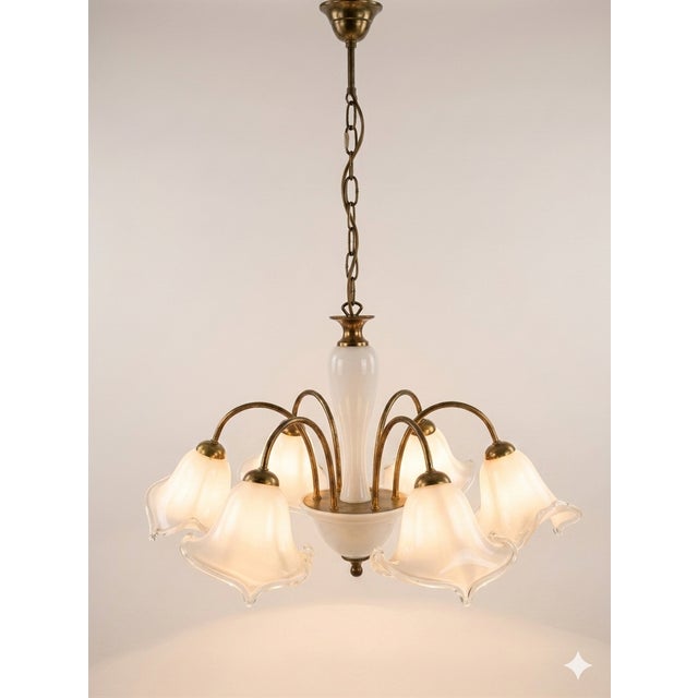 Mid-Century Modern Italian Murano White Opaline Glass and Brass Chandelier, 1950s For Sale - Image 4 of 4