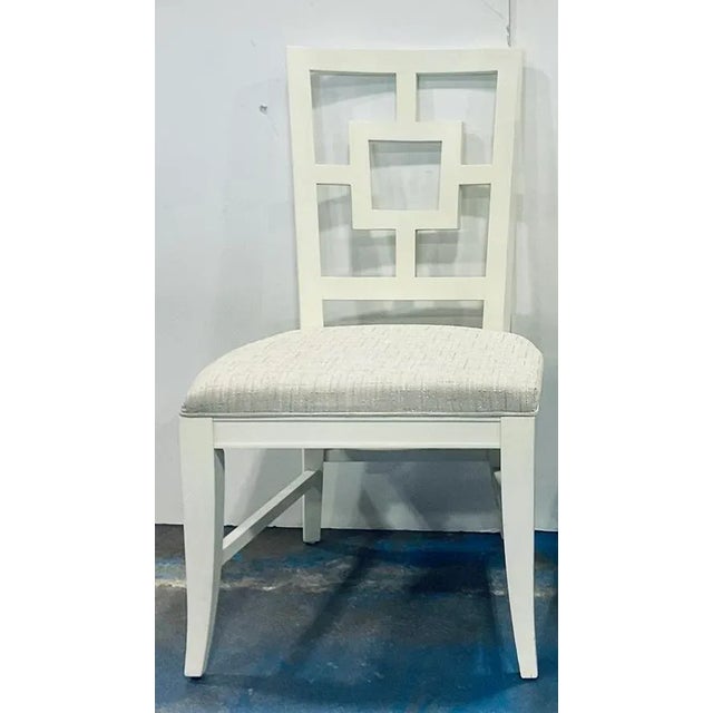 Stylish Modern White Geometric Back Side Chair, stubby off-white fabric with a metallic thread, showroom floor sample, I...