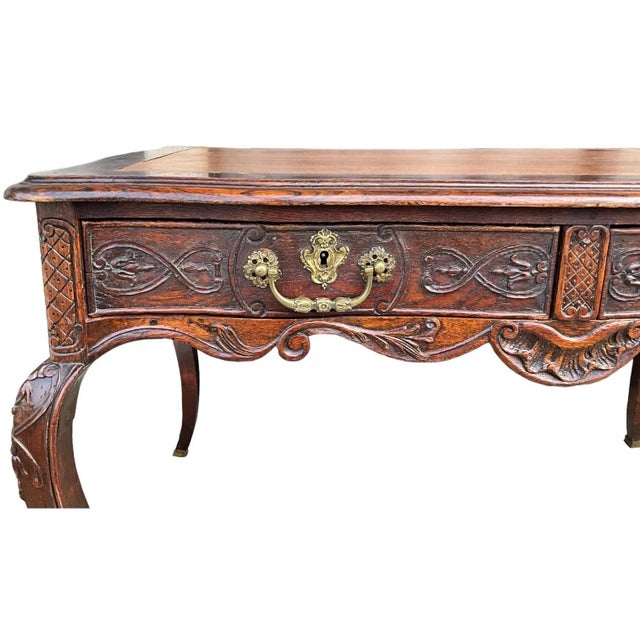 18th-C. French Louis XV Style Carved Oak Tooled Leather & Bronze Writing Desk / Table For Sale - Image 11 of 12