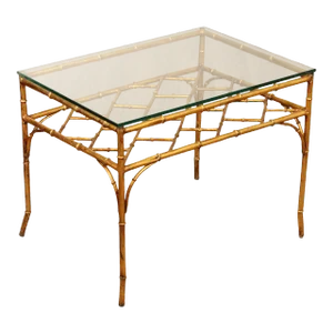 Hollywood Regency Style Vintage Glass Top Faux Bamboo Side Table