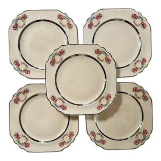 Limoges Art Deco Pink Floral and Silver Trim Dessert Plates - Set of 5 For Sale