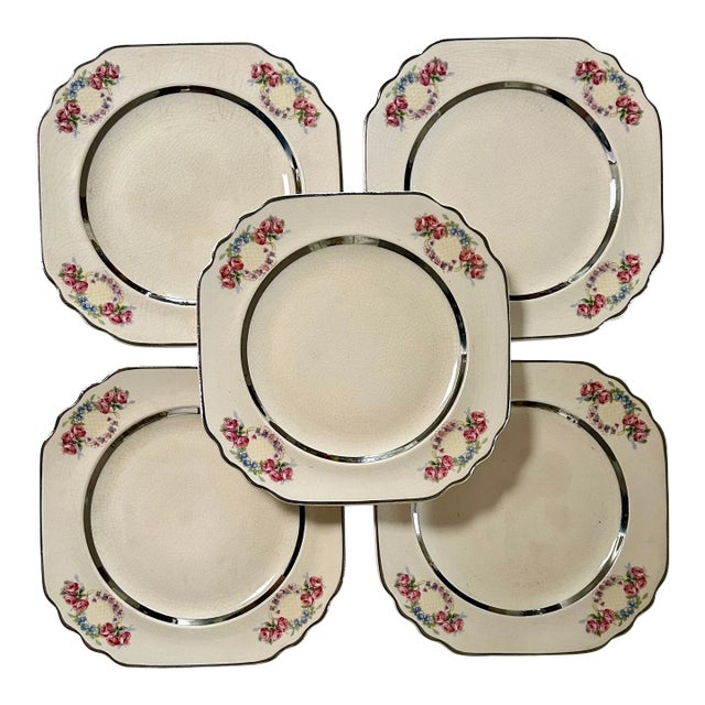 Limoges Pink Floral and Silver Trim Art Deco Dessert Plates - Set of 5 For Sale
