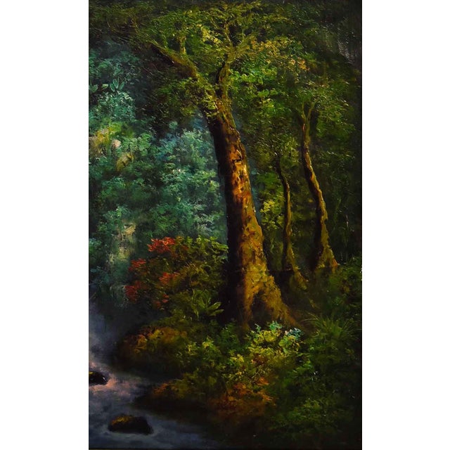This captivating oil on canvas, measuring 35" x 27", portrays a lush and vibrant jungle waterfall scene. The painting is...