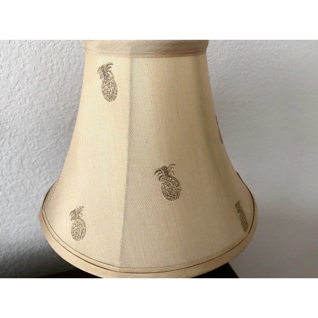 Late 20th Century Pineapple Design corded electric pair of lamps. A unique design with embroidered pineapples in the silk...