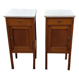 Antique French Oak White Marble Top Bedside Cabinets - A Pair For Sale