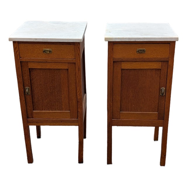 Antique French Oak White Marble Top Bedside Cabinets - A Pair For Sale