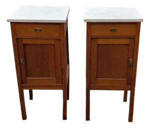 Antique French Oak White Marble Top Bedside Cabinets - A Pair