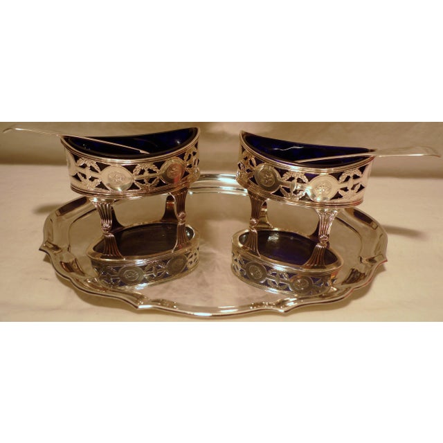 George III Reticulated Sterling Silver Salt Cellars by Peter & Ann Bateman, London, With Latter Spoons and Oval Service Tray - 5 Pieces For Sale - Image 11 of 11