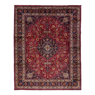 Vintage Mashad Wool Rug Handmade in Red With Rosette Motif From the 1940s For Sale