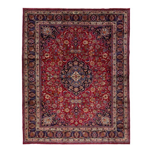 Vintage Mashad Wool Rug Handmade in Red With Rosette Motif From the 1940s For Sale