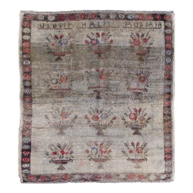 Square Turkish Vintage Oushak Rug With All-Over Flower Bouquet Pattern For Sale