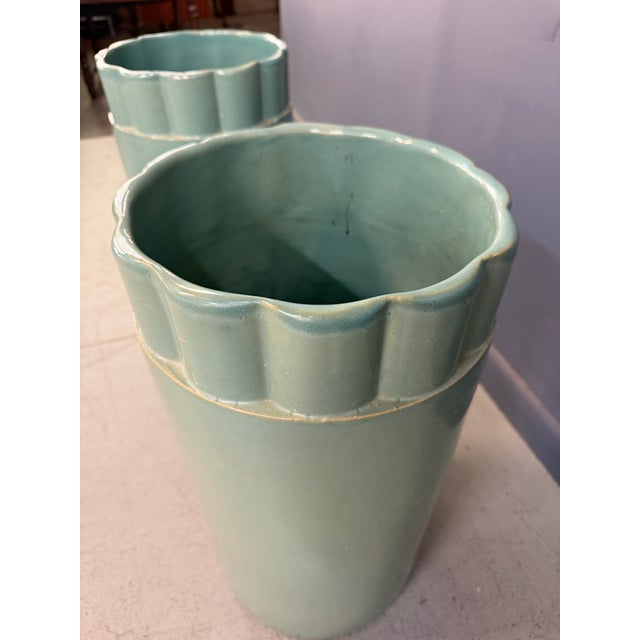 1920s Pair of Galloway Terra Cotta Co. Art Deco Aqua Glazed Floor Vases, Philadelphia For Sale - Image 10 of 13