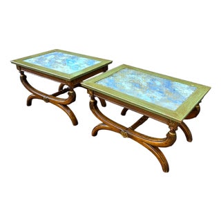 Pair of 19th Century Neoclassical Style Reverse Painted Glass Top Curule Base Cocktail/Side Tables For Sale