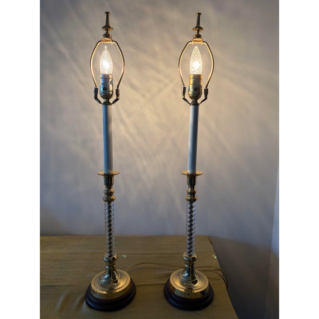 1980s Neoclassical Spiral Twist Brass & Wood Buffet Lamps - A Pair (Bases Only) For Sale - Image 4 of 7