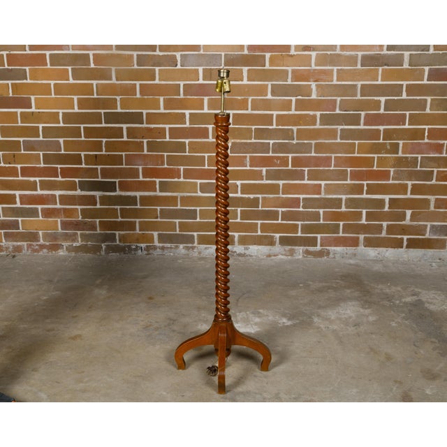 English Turn of the Century Oak Barley Twist Floor Lamp with Quadripod Base For Sale - Image 4 of 9