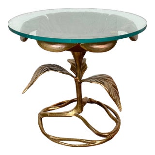 Vintage Walker Foundry Hollywood Regency Style Aluminum Gold Decorated Dogwood Table with Glass For Sale