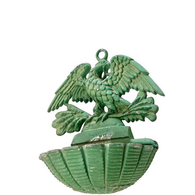 Shabby Chic Vintage Green Painted Eagle and Shell Form Aluminum Hanging Planter For Sale - Image 3 of 12