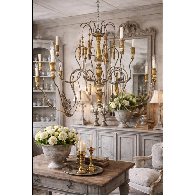 Wood Monumental Swedish Gustavian 12-Light Iron & Parcel GiltWood Chandelier, Rewired For Sale - Image 7 of 12